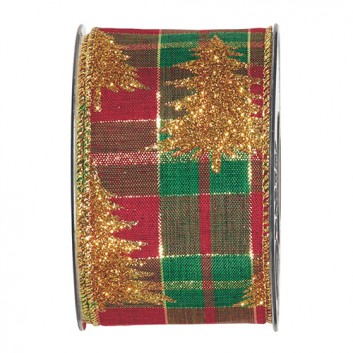  Exclusiv-Geschenkband mit Drahtkante; 63 mm x 10 m; Goldtannen auf Schotten; rot-grün-gold; # 3703; Textilband mit Goldglimmer; mit Drahtkante 