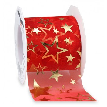  Präsent Weihnachts-Geschenkband; 72 mm x 20 m; Amsterdam: Sterne, groß; rot mit goldenen Sternen; 852 75 20 609; Transparenteffektband/Tischband 