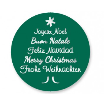  Weihnachts-Rollen-Etiketten; Weihnachtswünsche, mehrsprachig; silber-matte Schrift auf grünem Grund; rund - Ø 40 mm; Silberfolie 