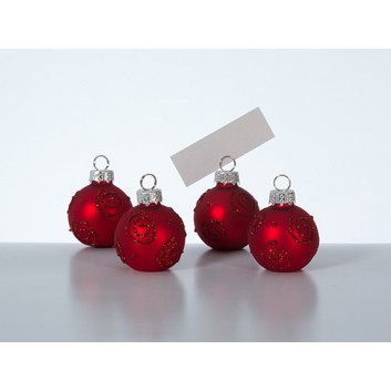  Weihnachts-Deko: Kartenhalter; Weihnachtskugeln mit Glitter; dunkelrot; 4 x 4 x 5,5 cm; Set mit 4 Stück; Glaskugeln 