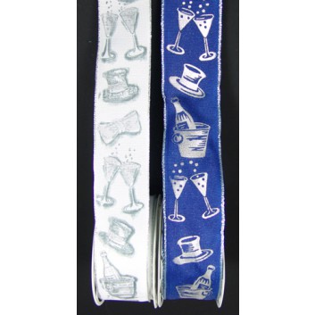  Sopp Geschenkband; 37 mm x 2 m; Party Time: Sektkelche; weiß mit silber; Polyester 