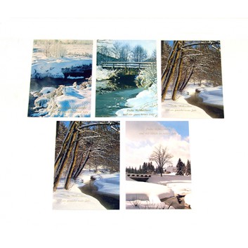  Weihnachts-Postkarten; ca. 105 x 145 mm; Fotomotive: Winterlandschaften; sortierte Motive; 30-05; mit Text in Goldprägung; ohne Kuvert 