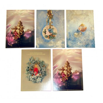  Weihnachts-Postkarten; ca. 105 x 145 mm; rote Kerze im Türkranz +goldene mit lila; sortiert mit weiteren Motiven; 30-07b; mit Text in Goldprägung 