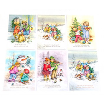  Weihnachts-Postkarten; ca. 105 x 145 mm; Kinder nostalgisch; bunt; mit Text in Goldprägung; ohne Kuvert; Abbildung beispielhaft 