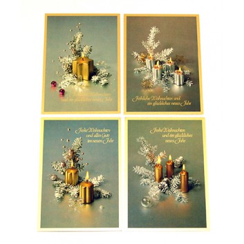  Weihnachts-Postkarten; ca. 105 x 145 mm; Fotomotive im Goldrahmen: Kerzen; sortierte Motive; mit Text in Goldprägung; ohne Kuvert 