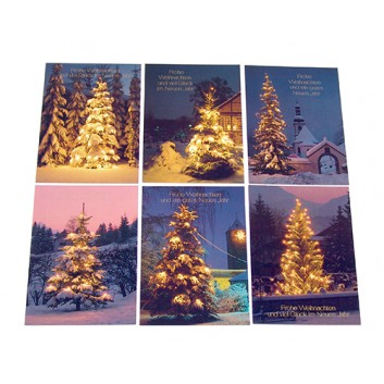 Horn Weihnachts-Postkarten; ca. 105 x 145 mm; Fotomotive: Winterlandschaft bei Nacht; sortierte Motive; mit Text in Goldprägung; ohne Kuvert 