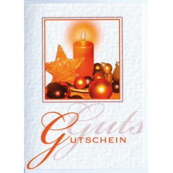  Sü Weihnachtskarte, Gutschein; 105 x 145 mm; Fotomotiv: Kerze, Stern; weiß-orange; 23-1590; Hochformat; weiß 