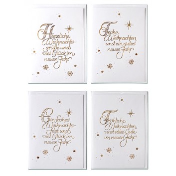  Sü Weihnachtskarten-Sortierung; 105 x 145 mm; 4 Motive sortiert: Schriftkarten; gold auf weiß; 22_2429; Hochformat; weiß 