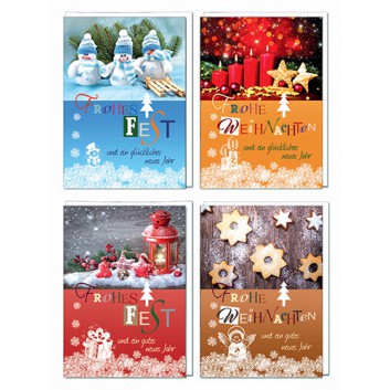 Sü Weihnachtskarten-Sortierung; 105 x 145 mm; 4 Motive sortiert: Modern; bunt; 22_2430; Hochformat; weiß; Preis je Karte - Motive n.Verfügbarkeit 