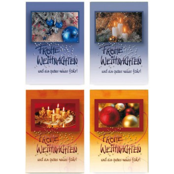  Sü Weihnachtskarten-Set; 110 x 160 mm; 4 Motive sortiert: Kugeln, Kerzen; weiß+Goldprägung; 22-2403; Hochformat; weiß 