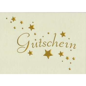  Sü Weihnachtskarte, Gutschein; 105 x 146 mm; Schriftkarte mit Sternchen; Druck: gold, Karte: creme; 23_1529 