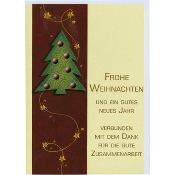  Sü Weihnachtskarte mit Firmentext; 115 x 163 mm; Tannenbaum, Sternengirlande; chamois-braun; 22_5025; Hochformat, Strukturkarton 