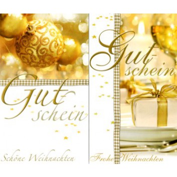  Horn Weihnachts-Gutscheinkarte; 100 x 170 mm; Fotomotiv: Kugeln; 2 Motive sortiert: gold-weiß; 22-H2005; Hochformat 