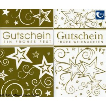  Horn Weihnachtskarte, Gutschein; 100 x 170 mm; Sterne, Muster; 2 Motive sortiert: gold-weiß; 22-2105; Hochformat; weiß 
