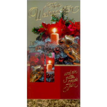  Horn Weihnachtskarte; 95 x 190 mm; Fotomotiv: Gesteck, Kerzen; rot-grün-gold; 22-H1117; Hochformat 