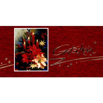  Horn Weihnachtskarte, Gutschein; 200 x 100 mm; Gebinde mit Weihnachtsstern; bunt-blau; 22-H1112; Querformat; weiß 