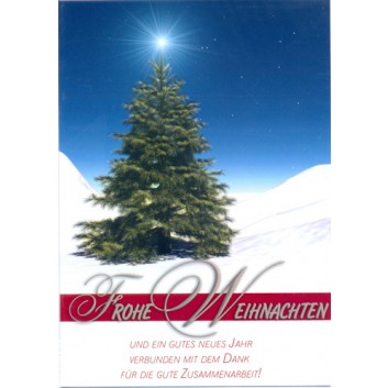  Sü Weihnachtskarte mit Firmentext; 115 x 165 mm; Baum Schneelandschaft; blau; 22-5026; Hochformat; weiß 