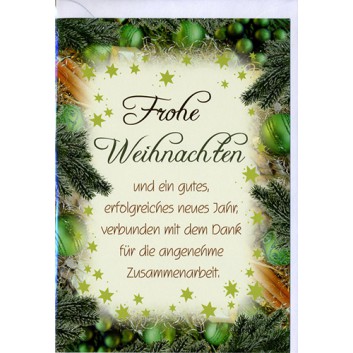  Sü Weihnachtskarte mit Firmentext; 115 x 165 mm; Tannenzweige und Kugeln; grün-creme; 22_5034; Hochformat; weiß, naßklebend, Spitzklappe 