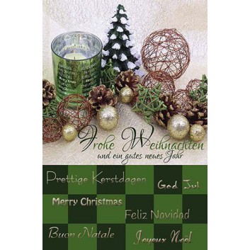 PaperStyle Weihnachtskarte, mehrsprachiger Text; 115 x 168 mm; Fotomotiv: Weihnachtsschmuck; grün-braun-creme; 22ps4525; Hochformat 