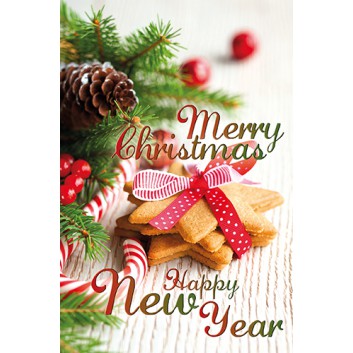  Skorpion Weihnachtskarte, englischer Text; 115 x 175 mm; Fotomotiv: Gebäck mit Tannenzweig; 22sk4498; Hochformat 