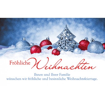  Skorpion Weihnachtskarte mit Firmentext; 115 x 175 mm; Fotomotiv: Weihnachtsschmuck; blau-rot-weiß; 22sk4691; Querformat 