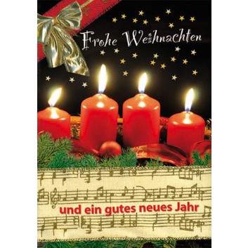  Sü Weihnachtskarte; 115 x 165 mm; Adventskerzen mit Noten; rot-creme-grün; 22_C208; Hochformat, mit Glitter; weiß, naßklebend, Spitzklappe 