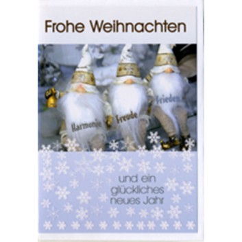  Sü Weihnachtskarte; 115 x 163 mm; Fotomotiv:  3 Weihnachtswichtel; braun-blau-grau-weiß; 22_C219; Hochformat, mit Glimmer 