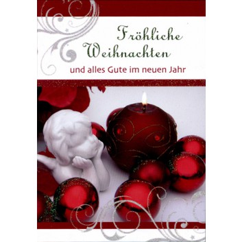  Weihnachtskarte; 115 x 165; Fotomotiv Kerzen, Kugel, Engel; rot-weiß; 22-CX08; Hochformat; grün 