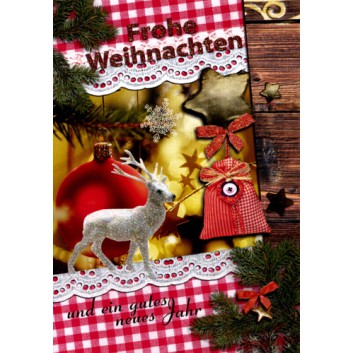  Sü Weihnachtskarte; 115 x 165 mm; Tannenzweige, Ren mit Glimmer, Säckchen,; 22-CX26; Hochformat; creme 