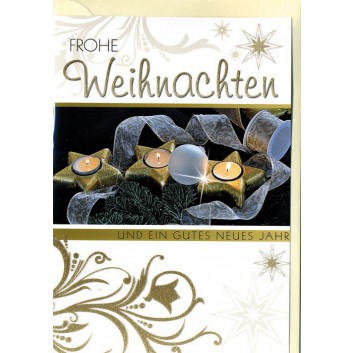  Sü Weihnachtskarte; 115 x 165 mm; Weihnachtsdeko, goldene Schrift, Glimmer; 22-CX39; Hochformat; creme 