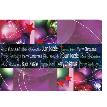  Sü Weihnachtskarte, mehrsprachiger Text; 165 x 115 mm; Kugeln, Sterne; lila; 22-CX47; Querformat; weiß 