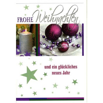 Sü Weihnachtskarte; 115 x 163 mm; Fotomotiv: Kerze und Kugeln; lila-silber-grün; 22_CX97; Hochformat; weiß, naßklebend, Spitzklappe 