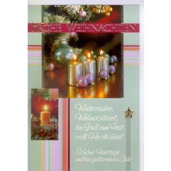  Horn Weihnachtskarte; 115 x 170 mm; Fotomotiv: Kerzen, Kugeln, Reimtext; grau-bordeaux-gold; 22-H1110; Hochformat; weiß 