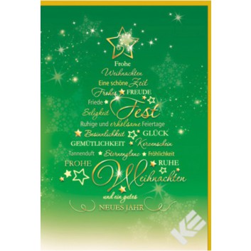  KE Weihnachtskarte; Tanne; grün; 22ke1202; Hochformat; gold, naßklebend, Spitzklappe 
