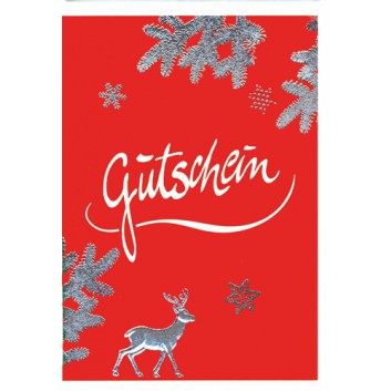  Sü Weihnachtskarte, Gutschein; 115 x 163 mm; Tannenzweige, Hirsch, Stern; Text: weiß, Karte: rot-gold; 23_CX80; Hochformat, Goldprägung 
