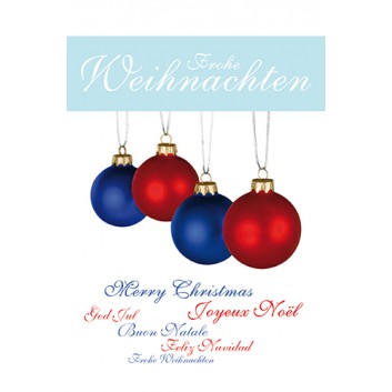  Skorpion Weihnachtskarte, mehrsprachiger Text; 115 x 175 mm; Weihnachtskugeln; blau-rot-weiß; 22sk4690; Hochformat 