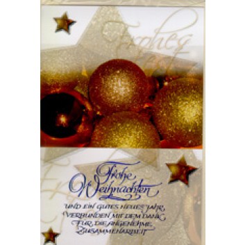  Sü Weihnachtskarte mit Firmentext; 115 x 170 mm; Fotomotiv: Kugeln; creme-gold; 22-5012; Hochformat; weiß 