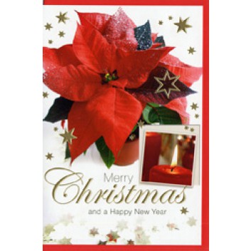  Horn Weihnachtskarte, englischer Text; 115 x 170 mm; Fotomotiv: Weihnachtsstern und rote Kerz; rot-weiß; 22-H1417; Hochformat; rot 