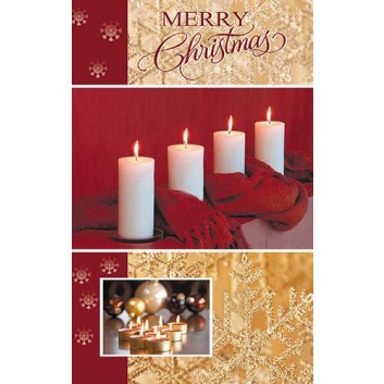  Sü Weihnachtskarte, englischer Text; 120 x 190 mm; Fotomotiv: Kerzenarragement; bordeaux-gold-weiß; CLW_161; Hochformat 