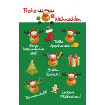  Sü Weihnachtskarte; 120 x 190 mm; Elchgesichter und Texte; grün-bunt; CLW_524; Hochformat; weiß, naßklebend, Spitzklappe 