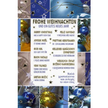  Horn Weihnachtskarte, mehrsprachiger Text; 115 x 170 mm; Fotomotiv: mehrsprachiger Text mit Weihn; blau-weiß; 22-H1332; Hochformat; weiß 