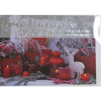  Sü Weihnachtskarte mit Firmentext; 115 x 165 mm; Fotomotiv +Pergament: Winterarrangement; rot-weiß, Schrift silber; 22_L510; Querformat 