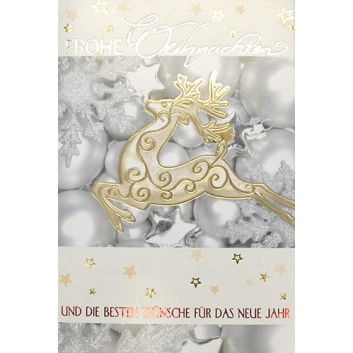  Sü Weihnachtskarte; 115 x 170 mm; Luka: Hirsch, Weihnachtskugeln; gold-silber; 22_LB108; Hochformat; Silber-/Gold-/Rotprägung 