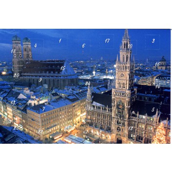  Sü Weihnachtskarte = Adventskalender; 115 x 170 mm; München, Rathaus und Frauenkirche; Fotomotiv; 21-1027; Querformat; weiß 
