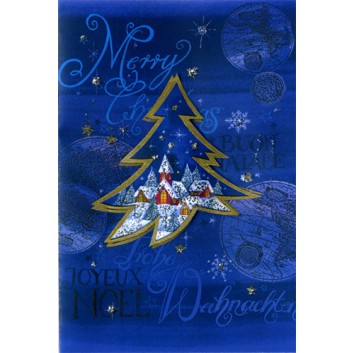  Sü Weihnachtskarte, mehrsprachiger Text; 115 x 165 mm; Tanne, Winterdorf; blau; 22-G005; Hochformat; weiß 