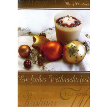  Sü Weihnachtskarte, mehrsprachiger Text; 115 x 165 mm; Fotomotiv: Kugeln, Kerze, Glimmer; 22-G015; Hochformat; creme 