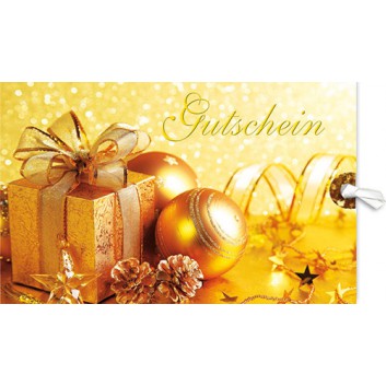  Skorpion Weihnachtskarte, Gutschein; 115 x 175 mm; Fotomotiv: Geschenk & Kugeln; gold; 22sk4229; Querformat, Schiebekarte 