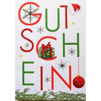 Sü Weihnachtskarte, Gutschein; 115 x 165 mm; Romanum: Kugeln, Tannenzweige, Geschenk; grün-rot-weiß-silber; 23_R101 