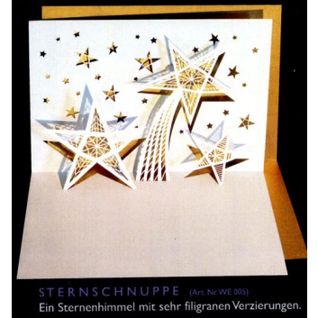  Weihnachtskarte, Pop-up - Laserstanzung; DIN A6; Sternschnuppe; weiß auf gold; WE005; Querformat, Karte: 170 + ca. 200 g/qm 