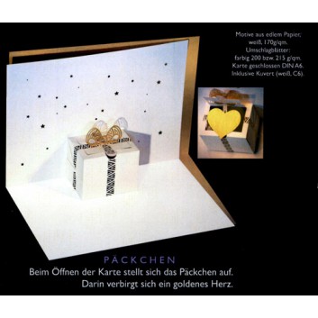  Weihnachtskarte, Pop-up - Laserstanzung; DIN A6; Päckchen mit Herz; weiß auf gold; WE007; Querformat, Karte: 170 + ca. 200 g/qm 